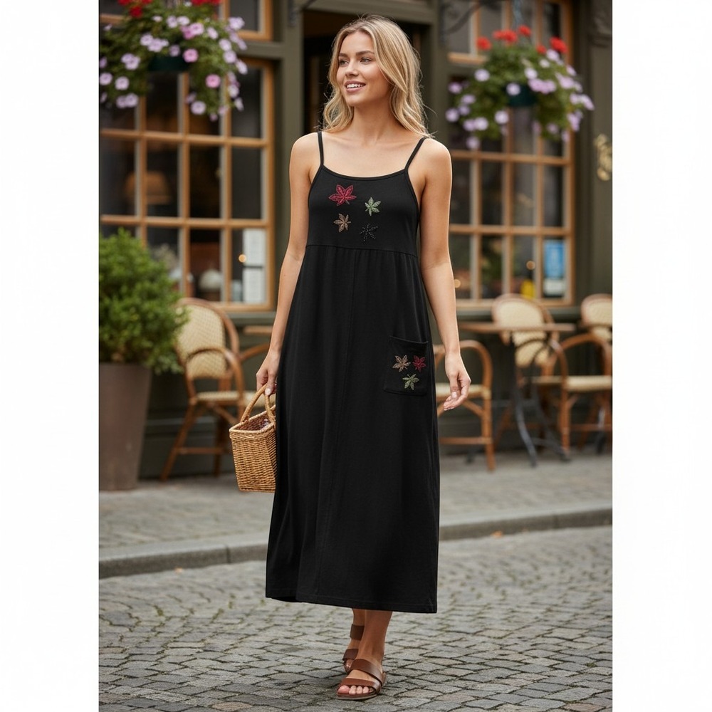 CDC Petites Black‎ Jumper Dress Embroidered Fall Leaves Side Pocket Size 8P